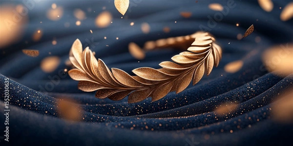 Obraz Elegant bronze laurel wreath gracefully floating above soft, undulating fabric, surrounded by shimmering particles, creating a sense of luxury and celebration in a captivating visual display