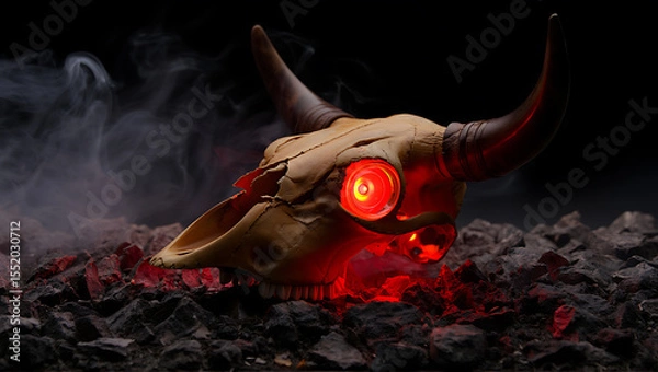 Obraz Demonic bull skull with glowing red eyes rests on smoldering embers and dark rocks