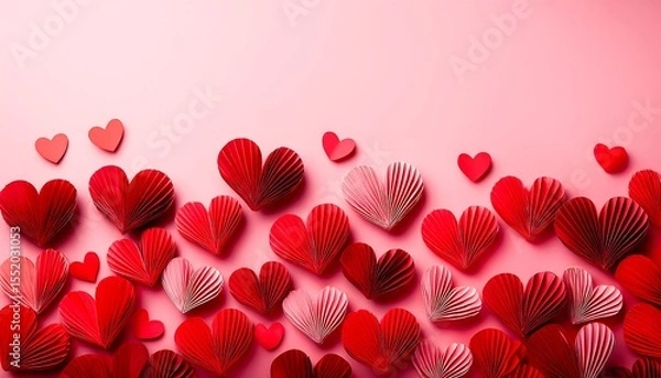 Fototapeta Intricately Folded Red and Pink Paper Hearts on a Soft Pink Background for Valentine's Day Celebration