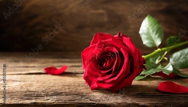 Fototapeta "Close-Up of a Single Red Rose on Wooden Surface with Petals Scattered, Symbolizing Love and Romance for Valentine's Day. Copy space