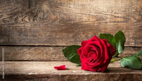 Fototapeta "Close-Up of a Single Red Rose on Wooden Surface with Petals Scattered, Symbolizing Love and Romance for Valentine's Day. Copy space