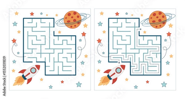 Fototapeta Space maze with solution – fun cartoon rocket maze to planet, flat vector game for kids with answer path included