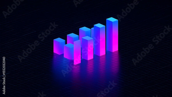 Obraz Isometric glowing bar chart on a dark grid background with blue and pink neon lighting