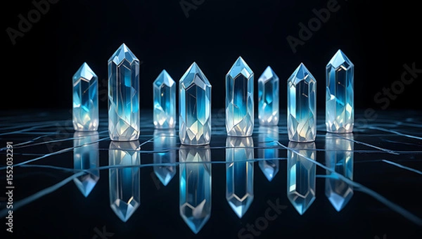 Obraz Illuminated blue crystal shards arranged in a symmetrical pattern on a reflective dark surface