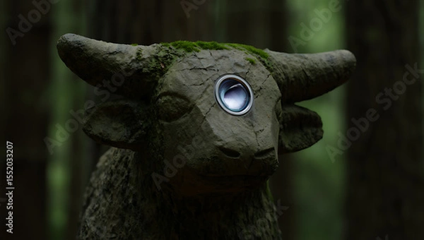 Obraz Ancient stone bull statue with a modern camera lens as an eye in a mossy forest
