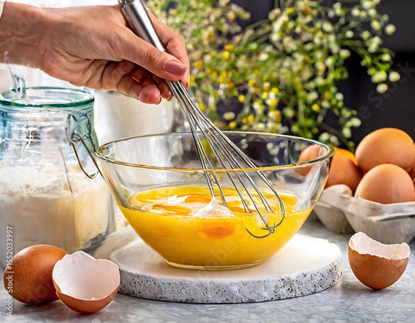 Fototapeta A hand whisking beaten eggs in a clear bowl, the process of preparing ingredients for baking at home