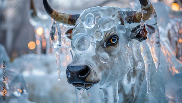 Obraz Majestic ice sculpture of a bull adorned with natural bubbles and icicles