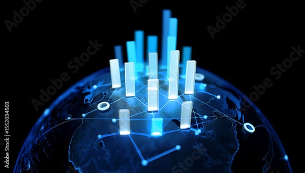 Obraz Global network connectivity and data visualization with futuristic bar charts on a digital earth