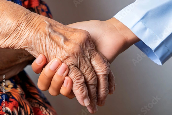 Fototapeta Supportive Connection: Hands of a Young Individual and Elderly Person in a Gesture of Care. The intergenerational support and care symbolized through a simple yet powerful gesture of holding hands