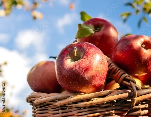 Fototapeta Freshly Picked Red Apples Overflowing from a Rustic Wicker Basket Against a Clear Blue Sky