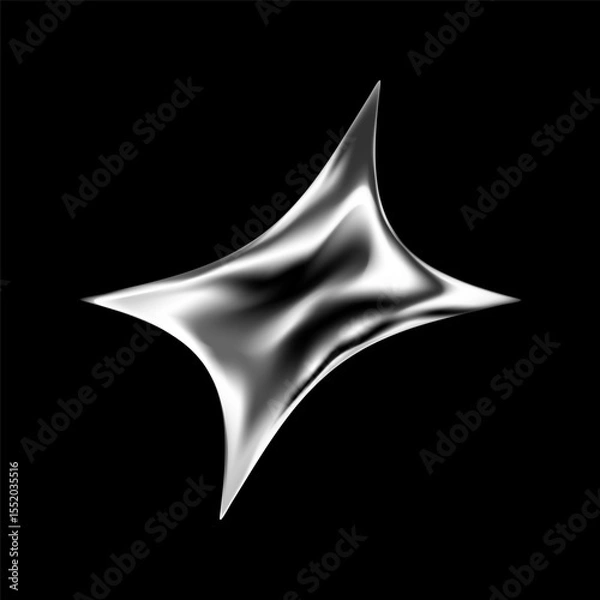Fototapeta 3D chrome star in shiny silver shape and Y2K futuristic style. Abstract metallic element with glitter, gradient and cosmic sparkle. Sleek holographic icon with fluid form and galaxy inspired flash.