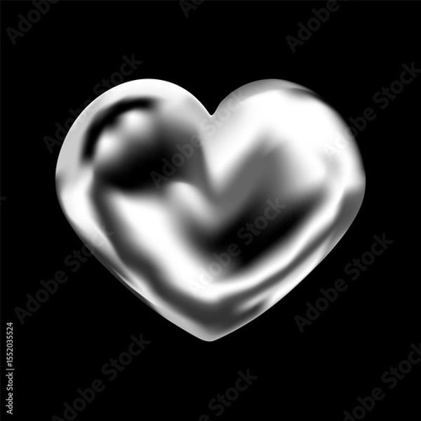 Fototapeta 3D Y2K chrome heart in love icon with holographic glow. Abstract metallic figure in liquid and pearl texture. Trendy romantic vector with shiny gradient and futuristic cyber design.