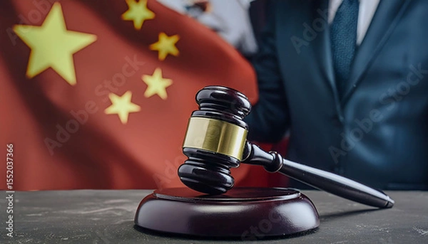 Fototapeta Judge’s Gavel on Table in Front of Chinese Flag, represents judicial authority and its influence on the Chinese legal system, highlighting the judge’s power in law enforcement
