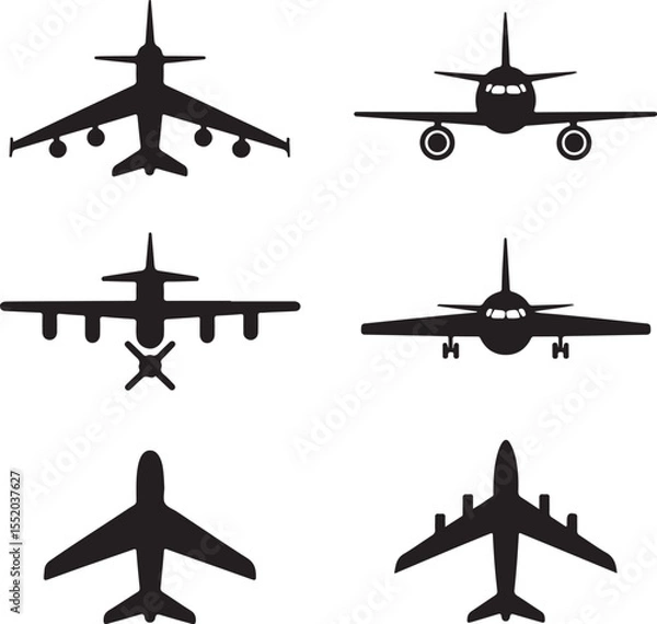 Fototapeta A vector illustration black airplane silhouettes viewed from a top down perspective, arranged on a clean white background