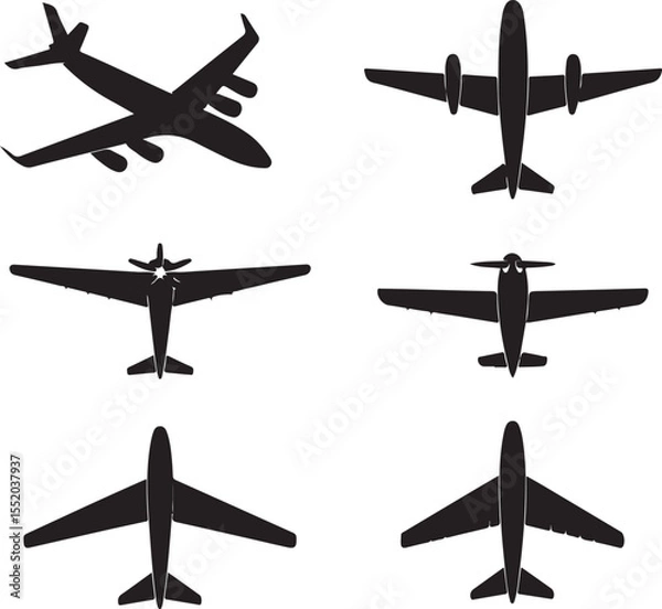 Fototapeta A vector illustration black airplane silhouettes viewed from a top down perspective, arranged on a clean white background