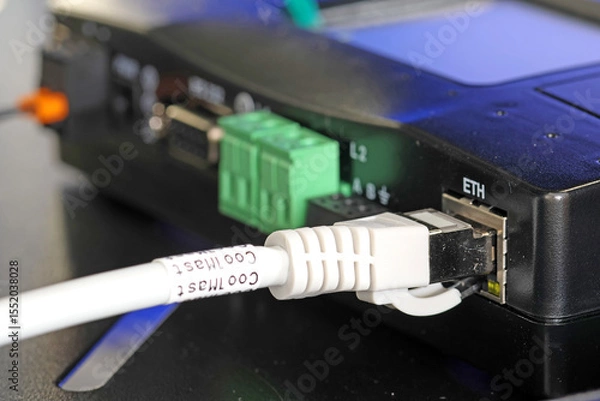 Fototapeta An Ethernet cable with an Rj45 connector connected to a digital equipment socket in a telecommunications rack of network equipment. 