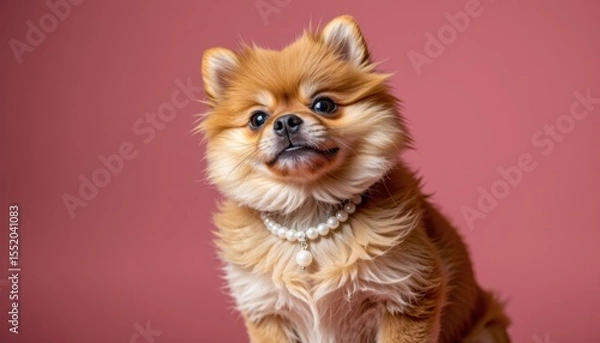 Fototapeta Adorable small fluffy dog with expressive face and pearl necklace posing against a pink background showcasing cuteness and playful personality in a studio shot