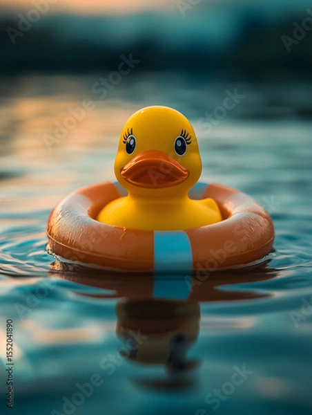 Obraz Adorable Rubber Duck in Life Ring - Floating on Water