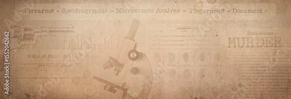 Obraz Newspaper clippings of crime news, police fingerprint are placed on a vintage background. Retro background on the theme of crime, police, detective, investigation.