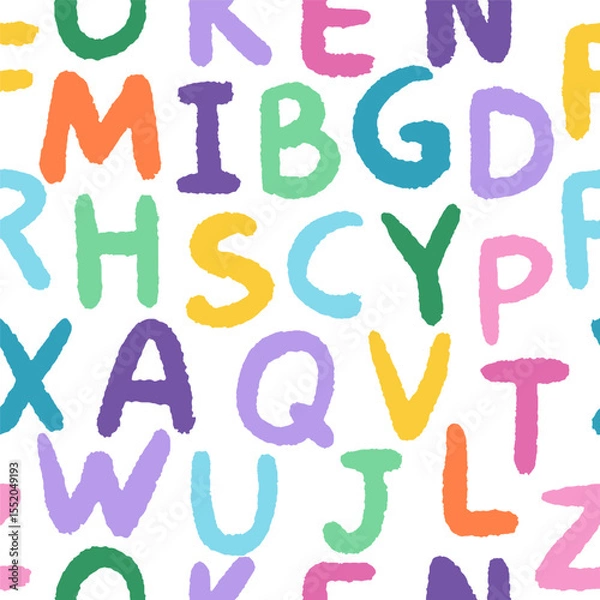 Fototapeta Cartoon hand-drawn alphabet seamless pattern, background. Cute children doodle illustratons