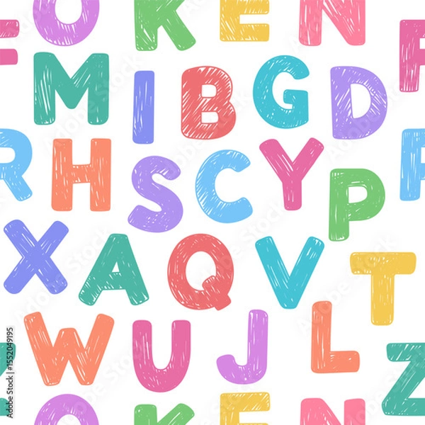 Fototapeta Cartoon alphabet, letters seamless pattern, background. Cute children doodle vector illustratons