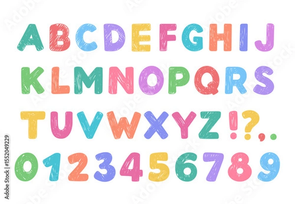 Fototapeta Cartoon hand-drawn alphabet, letters and figures. Cute children doodle illustratons, set of vector characters