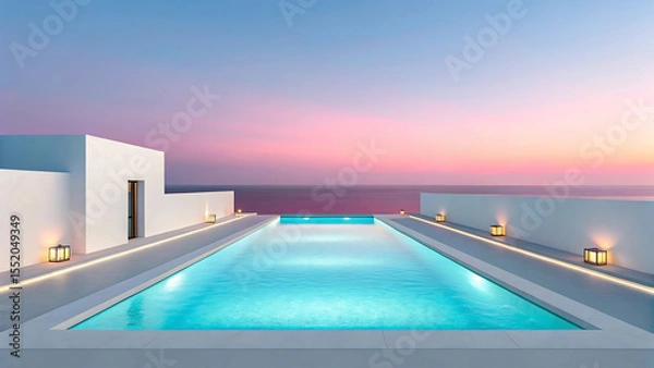 Fototapeta Serene Infinity Pool at Dusk Reflecting a Colorful Sky and Tranquil Ocean Scene with Elegant Lighting and Modern Architecture