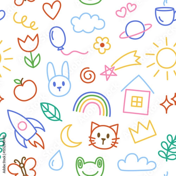 Fototapeta Kids, children doodles, drawings, scribbles pattern, seamless background. Set of hand-drawn illustrations