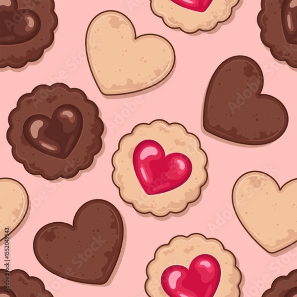 Fototapeta Heart-shaped biscuits pattern, background. Cookies in a shape of a heart, cute kawaii cartoon style illustration