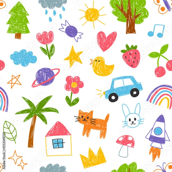 Fototapeta Kids, children doodles, drawings, scribbles seamless pattern, background. Set of hand-drawn illustrations