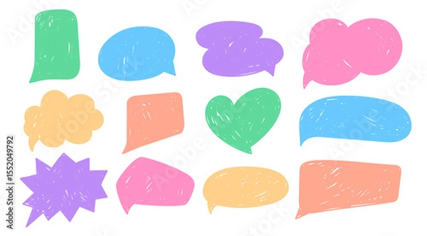 Fototapeta Doodle and scribble speech bubbles of various shapes, hand-drawn illustrations