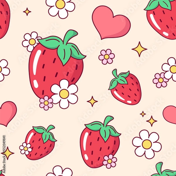 Fototapeta Strawberry, heart and flowers seamless pattern, background. Simple cute cartoon style drawing