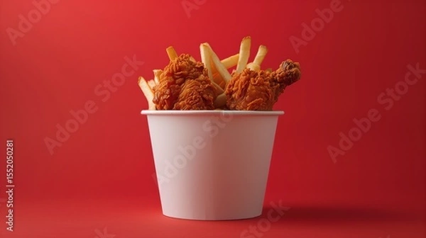 Fototapeta modern and minimalist food presentation featuring a white bucket of fried chicken, perfectly crisp and golden, with an enticingly crunchy exterior
