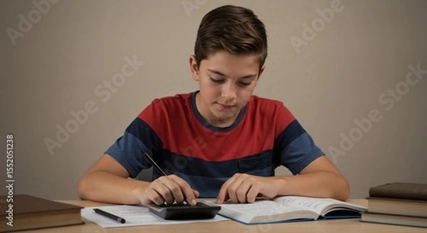 Obraz Young boy studying at desk with calculator and textbook  