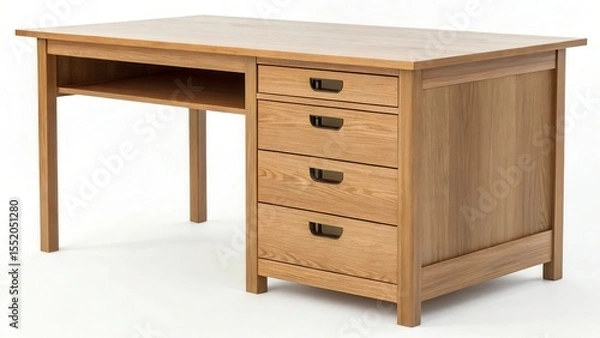 Fototapeta Traditional light wood desk featuring four side drawers and an open shelf, ideal for home office or study organization and work use.