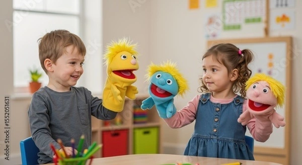 Fototapeta Two children playing with colorful puppets in classroom setting  
