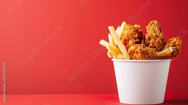 Fototapeta modern and minimalist food presentation featuring a white bucket of fried chicken, perfectly crisp and golden, with an enticingly crunchy exterior