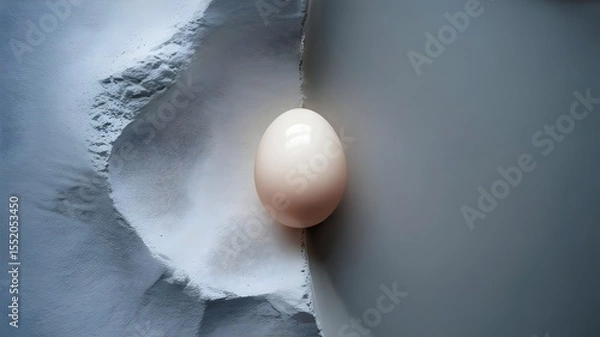 Fototapeta Single beige egg nestled in weathered concrete corner with rough textured surface - minimalist architectural still life photography concept