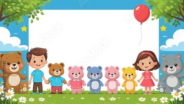 Fototapeta Happy cartoon children and teddy bears in a field with flowers and trees