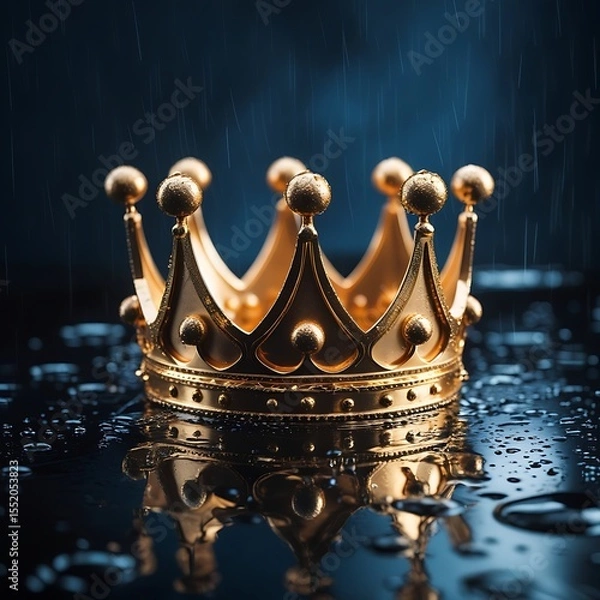 Fototapeta Golden crown sitting on a wet surface with rain falling