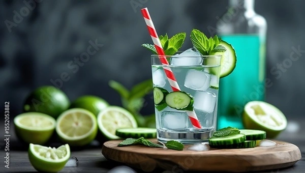 Fototapeta Refreshing cucumber mint gin cocktail with lime and ice