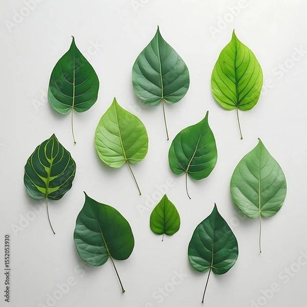 Fototapeta Collection of various green leaves arranged on a clean white background