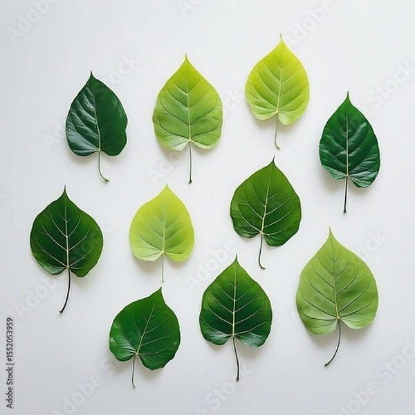 Fototapeta Arrangement of nine green leaves with visible veins on a white background