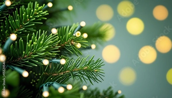 Fototapeta Close up of green pine needles with warm white christmas lights and bokeh
