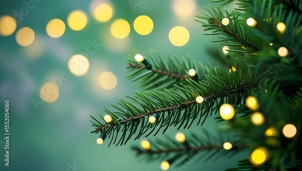 Fototapeta Close up of a christmas tree branch with glowing yellow lights and bokeh background