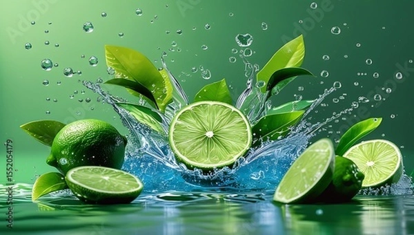 Fototapeta Fresh lime halves and whole limes splashing into water with green leaves