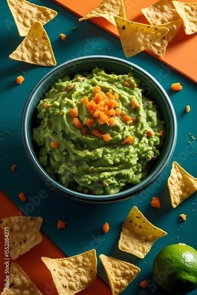 Fototapeta Freshly made guacamole with tortilla chips and lime on colorful background