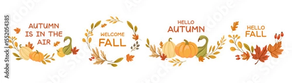 Obraz Autumn wreaths and labels with pumpkins, colorful fall leaves, berries, and seasonal quotes .Vector Elements for greeting cards, stickers, invitations, seasonal marketing, and fall themed decorations