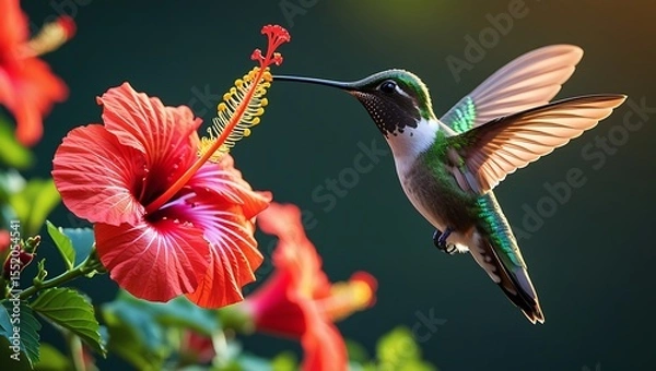 Fototapeta Hummingbird with iridescent green feathers drinks nectar from a vibrant red hibiscus flower