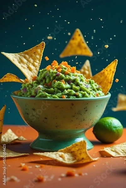 Fototapeta Freshly made guacamole with tortilla chips and lime in a bowl